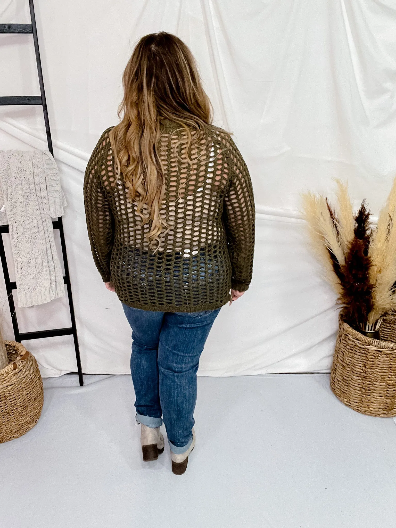 Olive Hollow Knit Long Sleeve Top