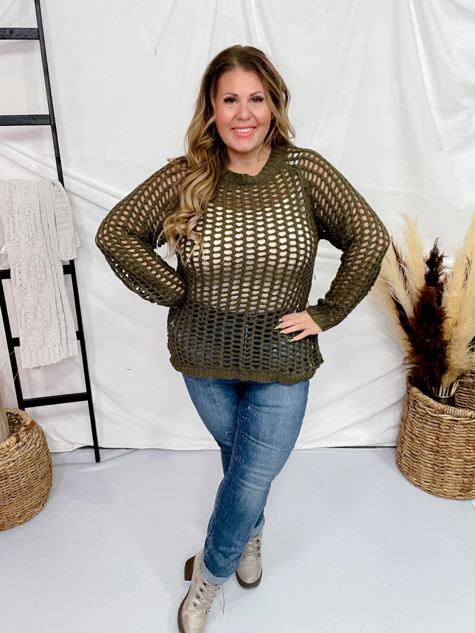 Olive Hollow Knit Long Sleeve Top