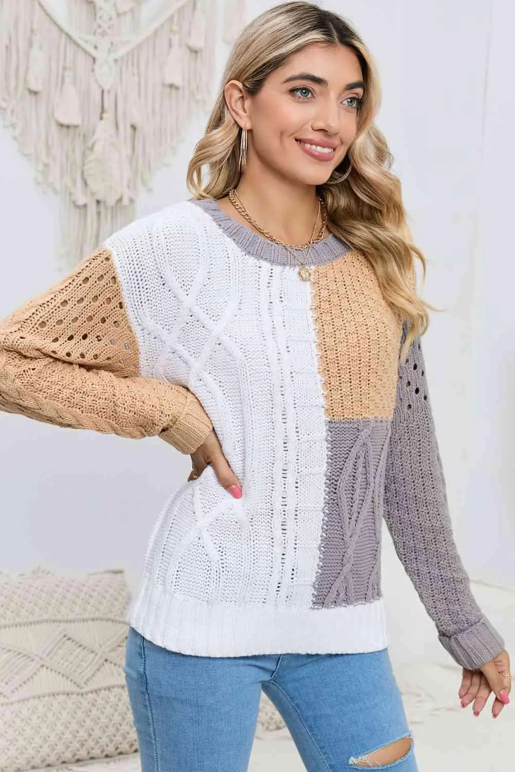 Openwork Color Block Cable-Knit Sweater