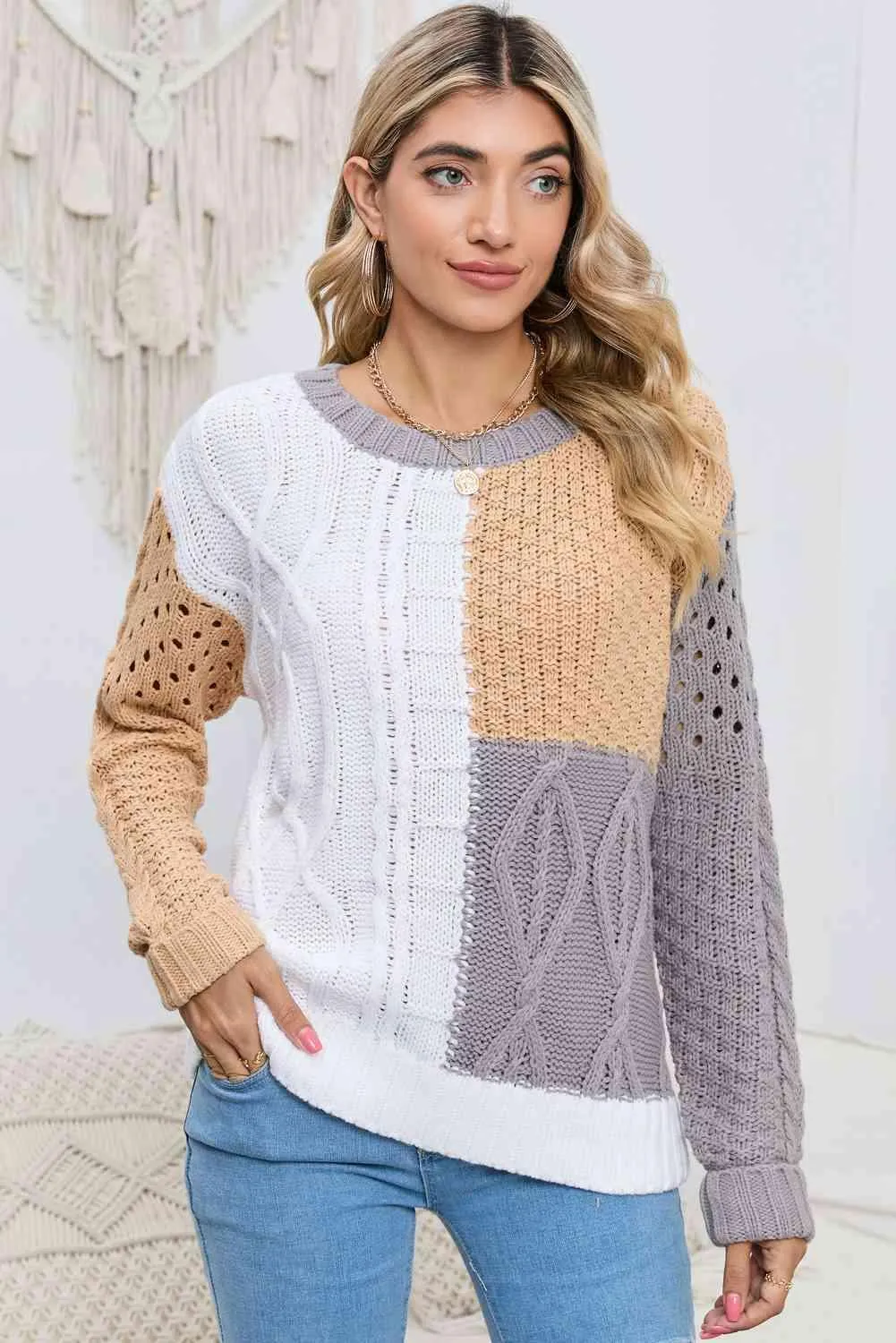 Openwork Color Block Cable-Knit Sweater