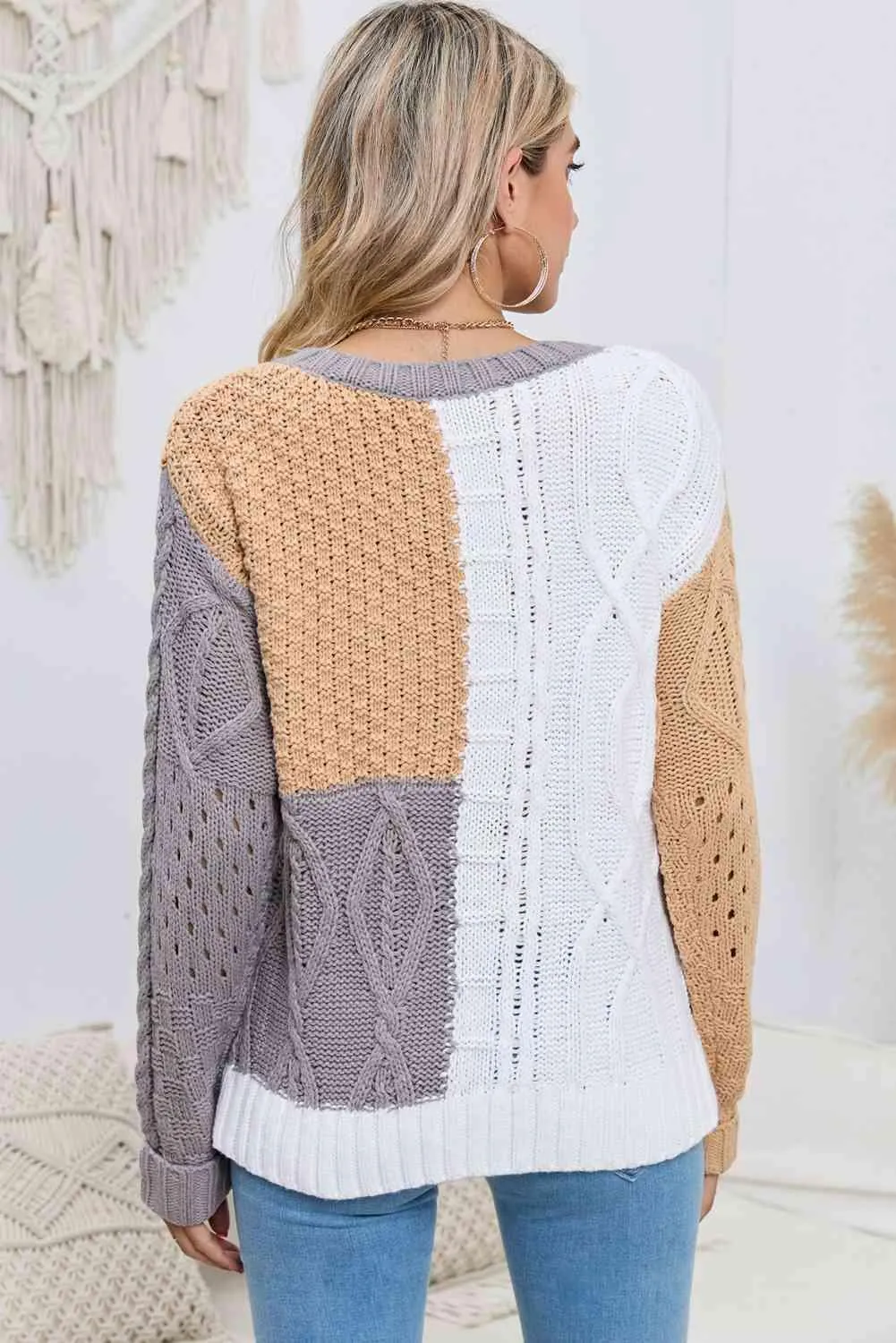 Openwork Color Block Cable-Knit Sweater