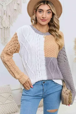 Openwork Color Block Cable-Knit Sweater