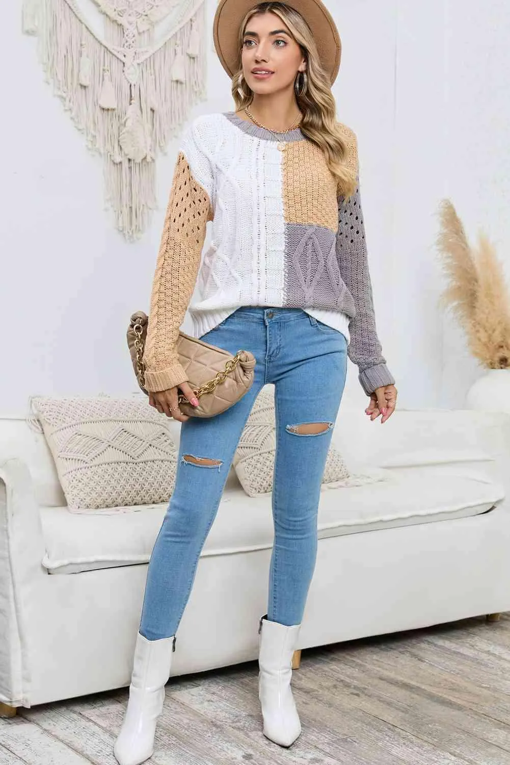 Openwork Color Block Cable-Knit Sweater