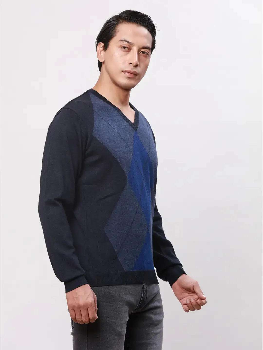 Park Avenue Men Blue Argyle Regular Acrylic Blend Full Sleeve Pullover