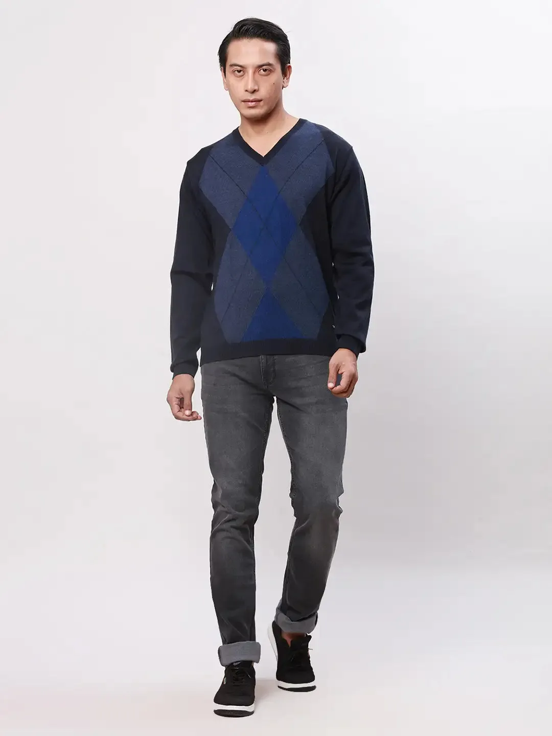Park Avenue Men Blue Argyle Regular Acrylic Blend Full Sleeve Pullover