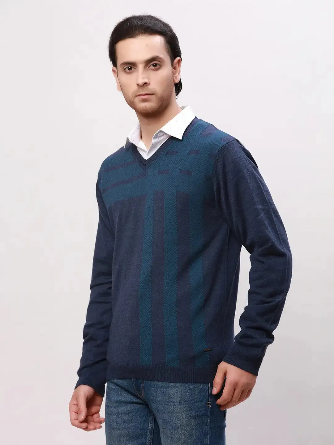 Park Avenue Men Blue Checks Regular Acrylic Blend Full Sleeve Pullover