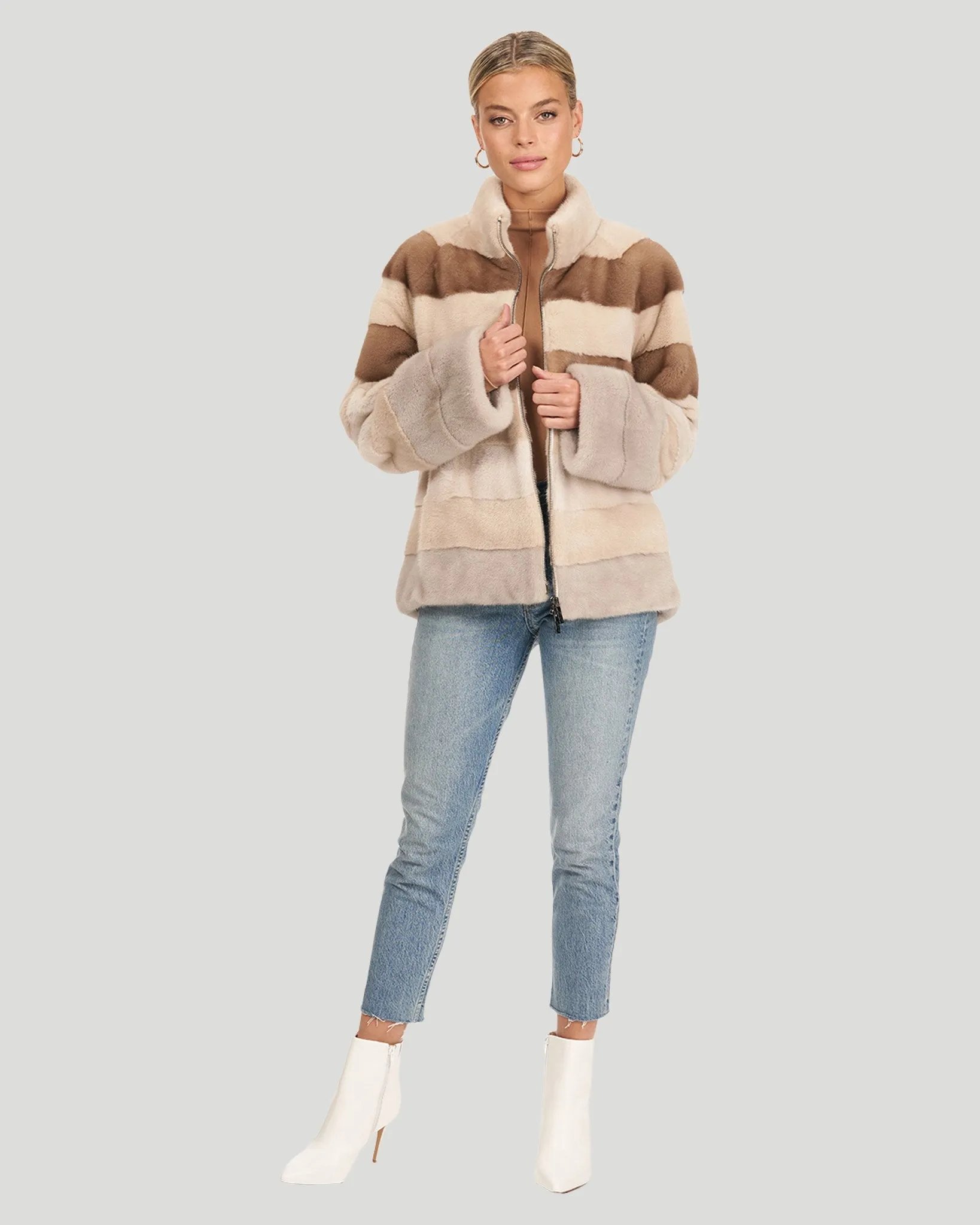 Pastel Color Block Mink Zip Jacket