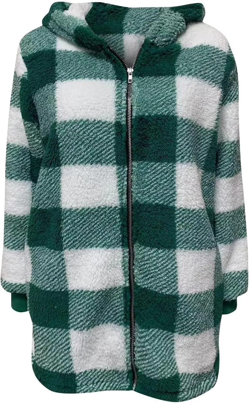 PETYCZEN Fleece Jacket Women Zip Up Fuzzy Sherpa Plaid Jacket with Hood Plus Size Teddy Coats Warm Fluffy Cardigan Jakcet