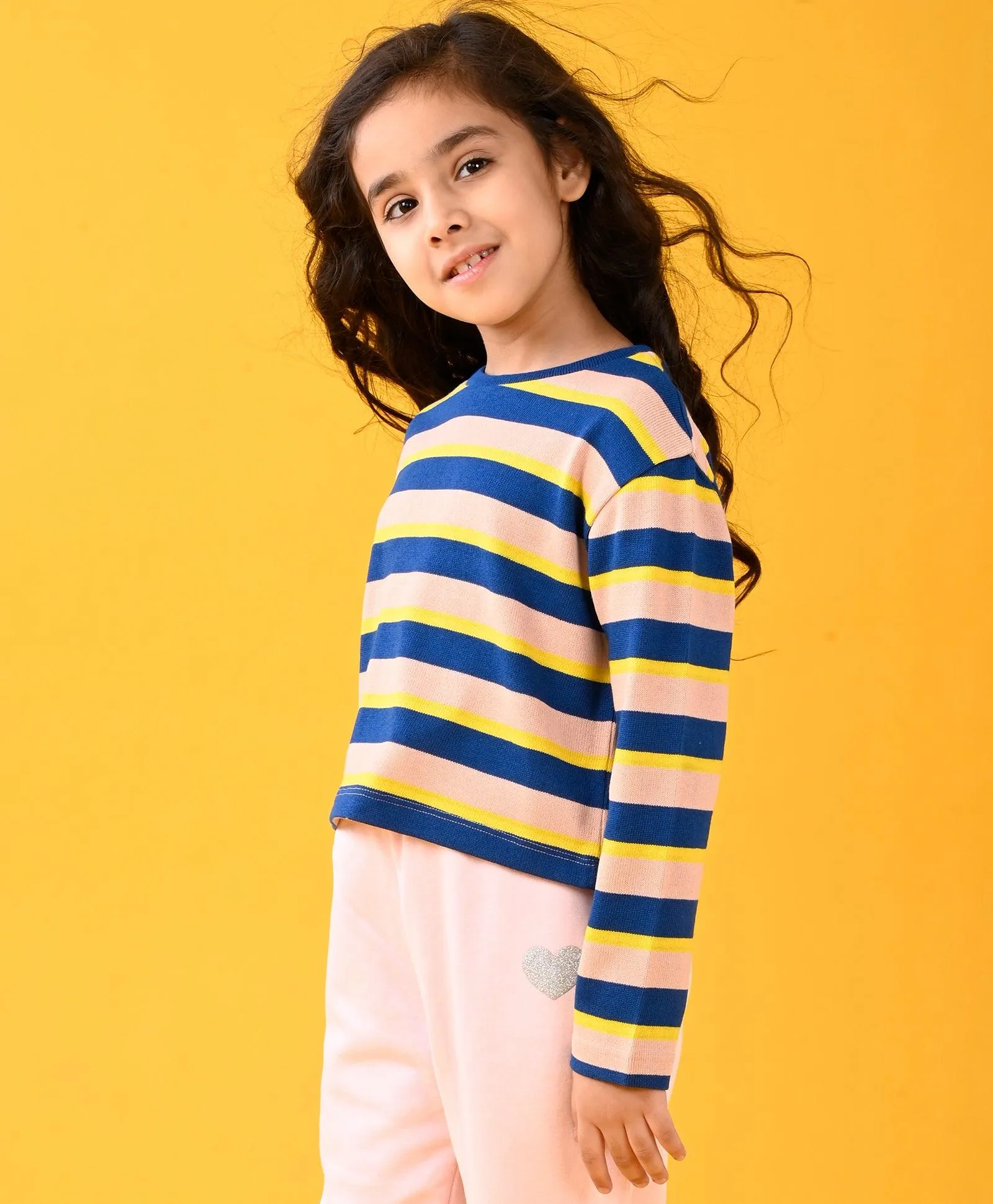 PINK YELLOW STRIPED LONG SLEEVES T-SHIRT - PINK
