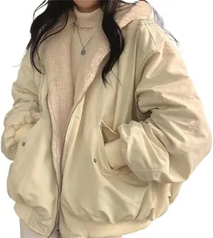 Pooyikoi Sherpa Jacket for Women Reversible Jacket Y2k Sherpa Zip Up Hoodie Fleece Fur Winter Coat Oversized Korean Clothes
