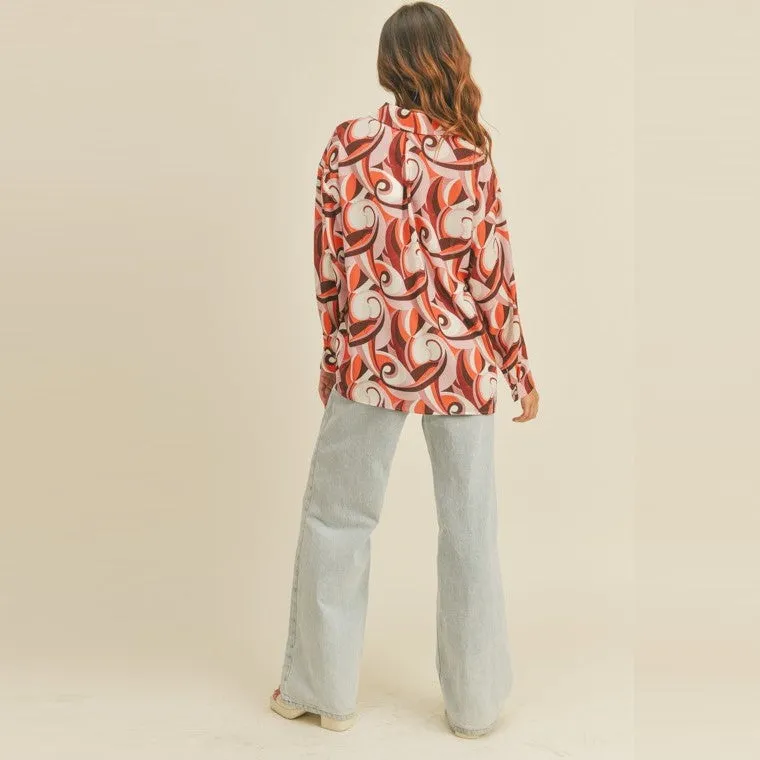 Printed Button Down Blouse (Rust Brown)