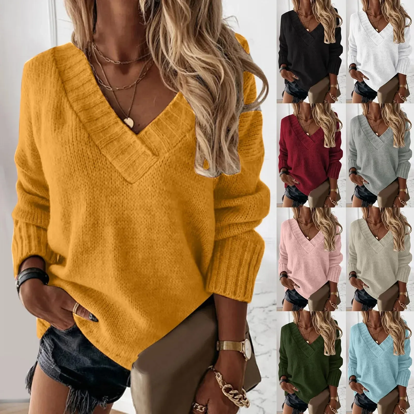 Pullovers Women Sweaters Pure Color New 2021 Autumn Winters v-neck Female Long Sleeve Turtleneck Sweaters Women Fashion YXZ6055