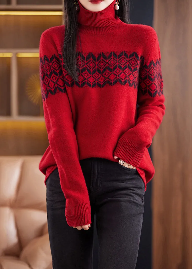 Red Patchwork Cozy Cotton Knit Sweaters Turtleneck Winter