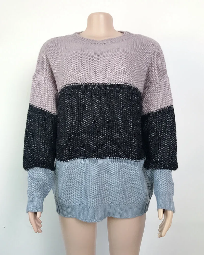 Round Neck Stripe Loose Long Sleeve Women Sweater