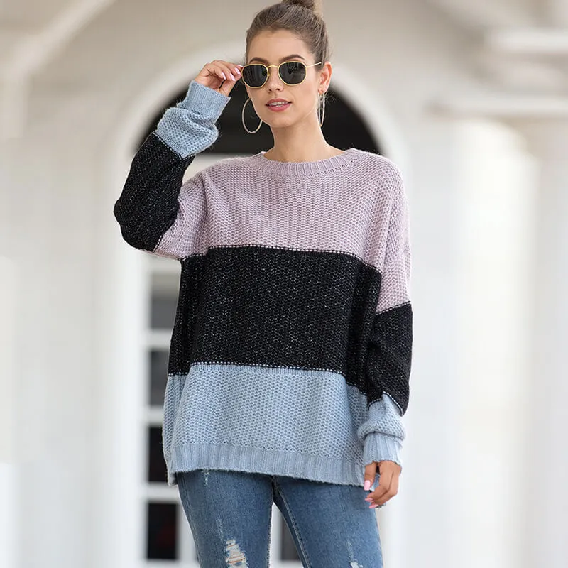 Round Neck Stripe Loose Long Sleeve Women Sweater
