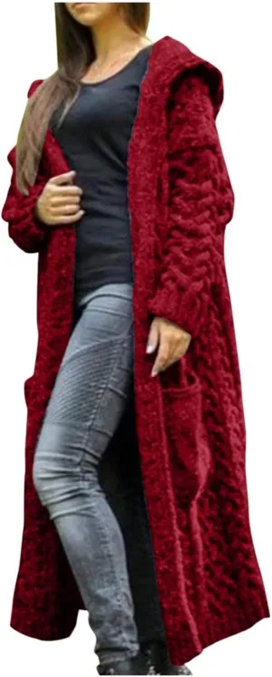SACFOF Women's Long Sleeve Cable Knit Cardigan Sweaters 2023 Open Front Long Cardigans Coats Hoodies Outerwear with Pockets