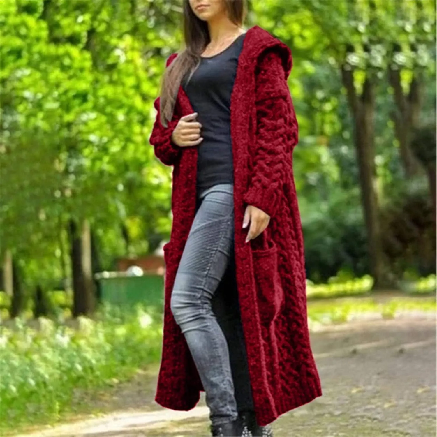 SACFOF Women's Long Sleeve Cable Knit Cardigan Sweaters 2023 Open Front Long Cardigans Coats Hoodies Outerwear with Pockets