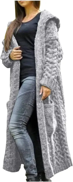 SACFOF Women's Long Sleeve Cable Knit Cardigan Sweaters 2023 Open Front Long Cardigans Coats Hoodies Outerwear with Pockets