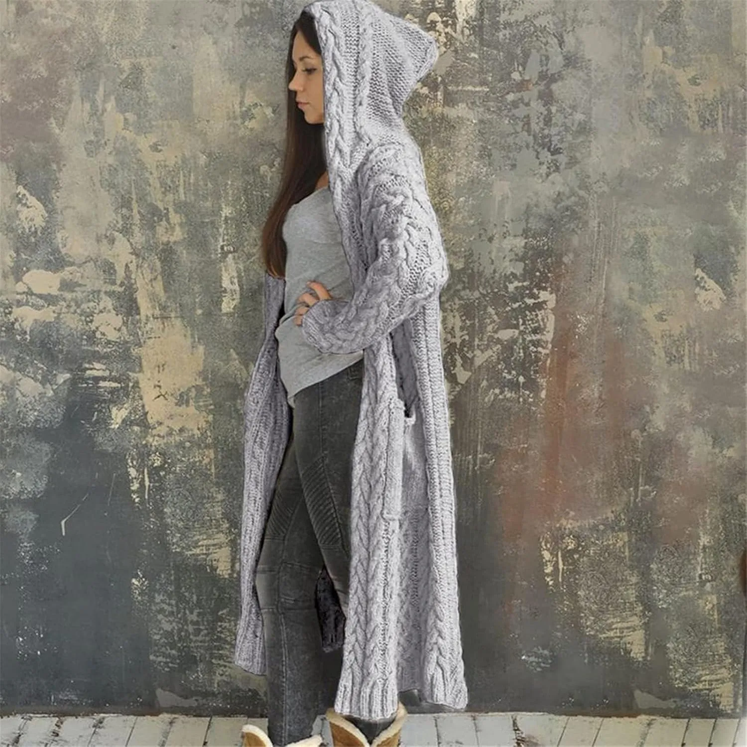 SACFOF Women's Long Sleeve Cable Knit Cardigan Sweaters 2023 Open Front Long Cardigans Coats Hoodies Outerwear with Pockets