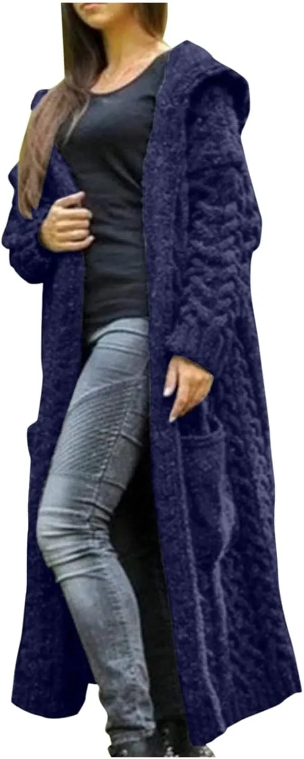 SACFOF Women's Long Sleeve Cable Knit Cardigan Sweaters 2023 Open Front Long Cardigans Coats Hoodies Outerwear with Pockets
