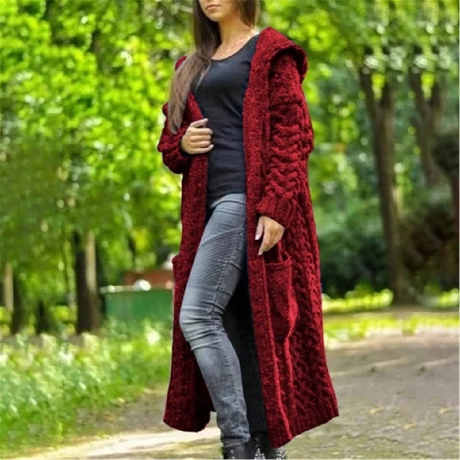 SACFOF Women's Long Sleeve Cable Knit Cardigan Sweaters 2023 Open Front Long Cardigans Coats Hoodies Outerwear with Pockets