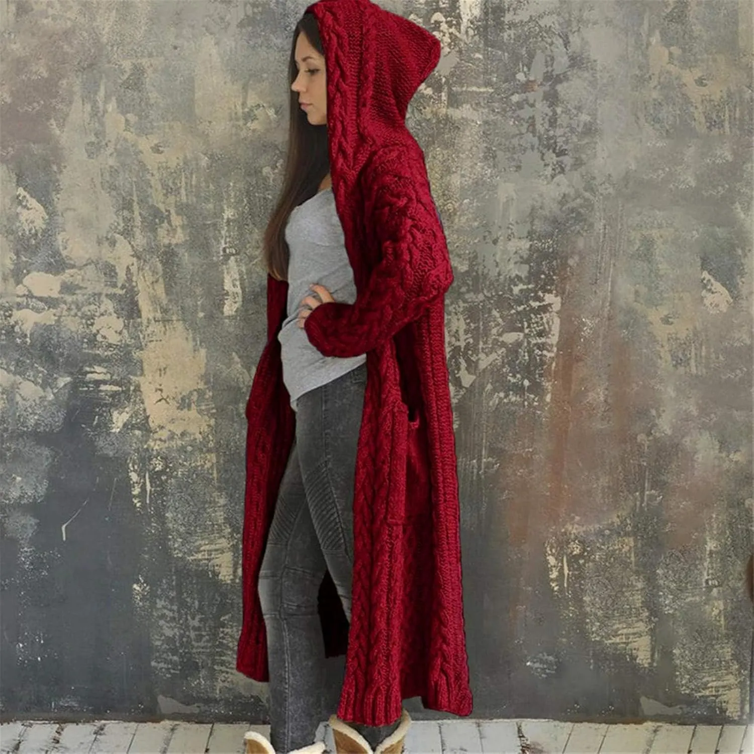SACFOF Women's Long Sleeve Cable Knit Cardigan Sweaters 2023 Open Front Long Cardigans Coats Hoodies Outerwear with Pockets