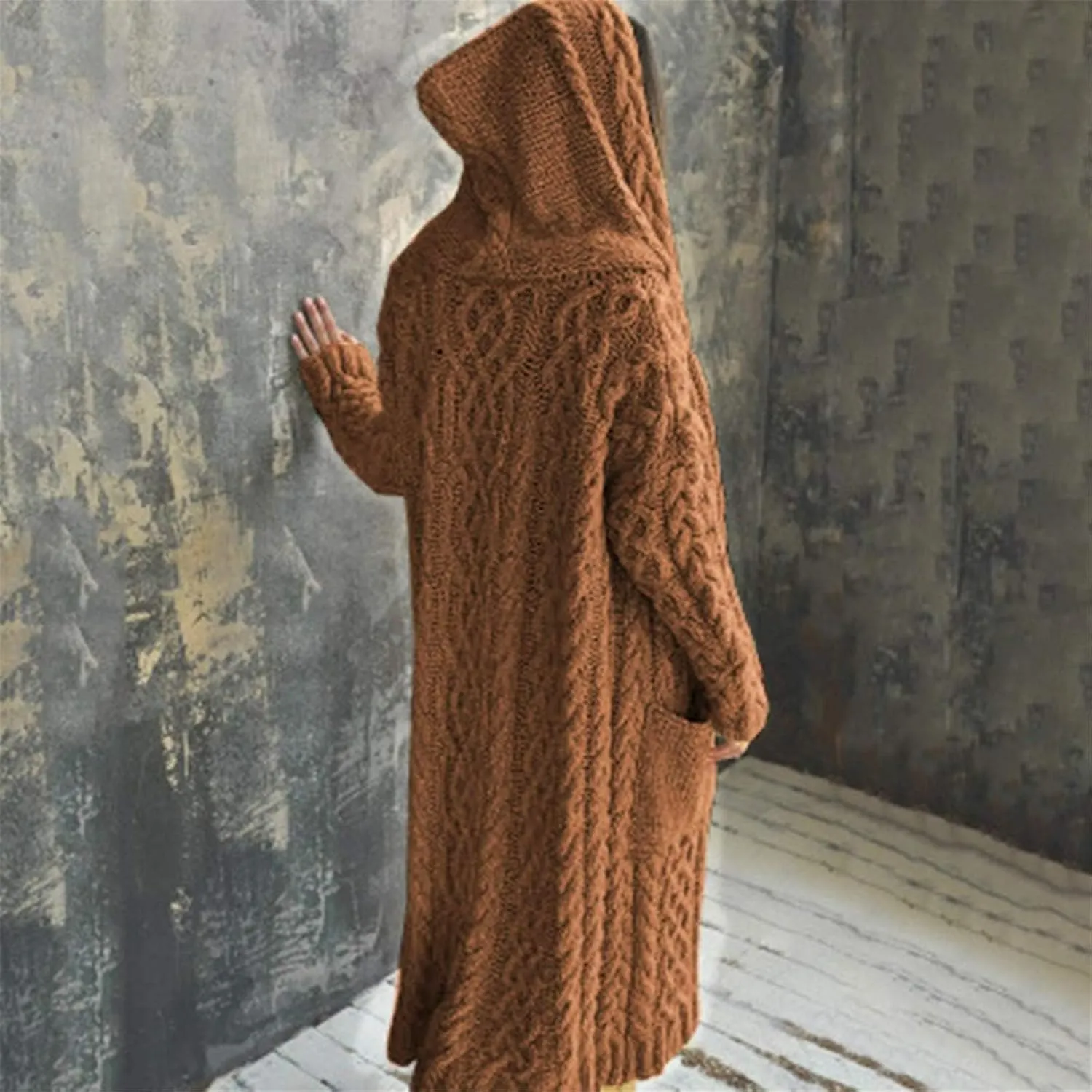 SACFOF Women's Long Sleeve Cable Knit Cardigan Sweaters 2023 Open Front Long Cardigans Coats Hoodies Outerwear with Pockets