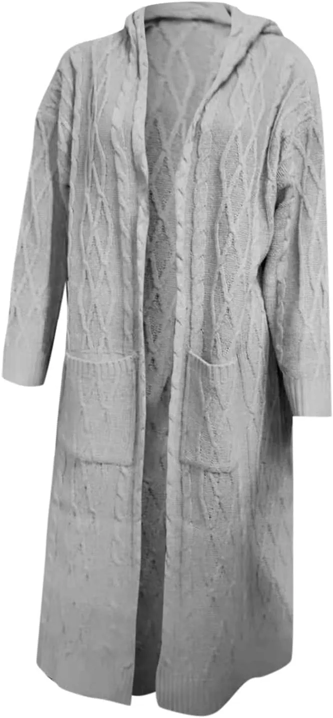 SACFOF Women's Long Sleeve Cable Knit Cardigan Sweaters 2023 Open Front Long Cardigans Coats Hoodies Outerwear with Pockets