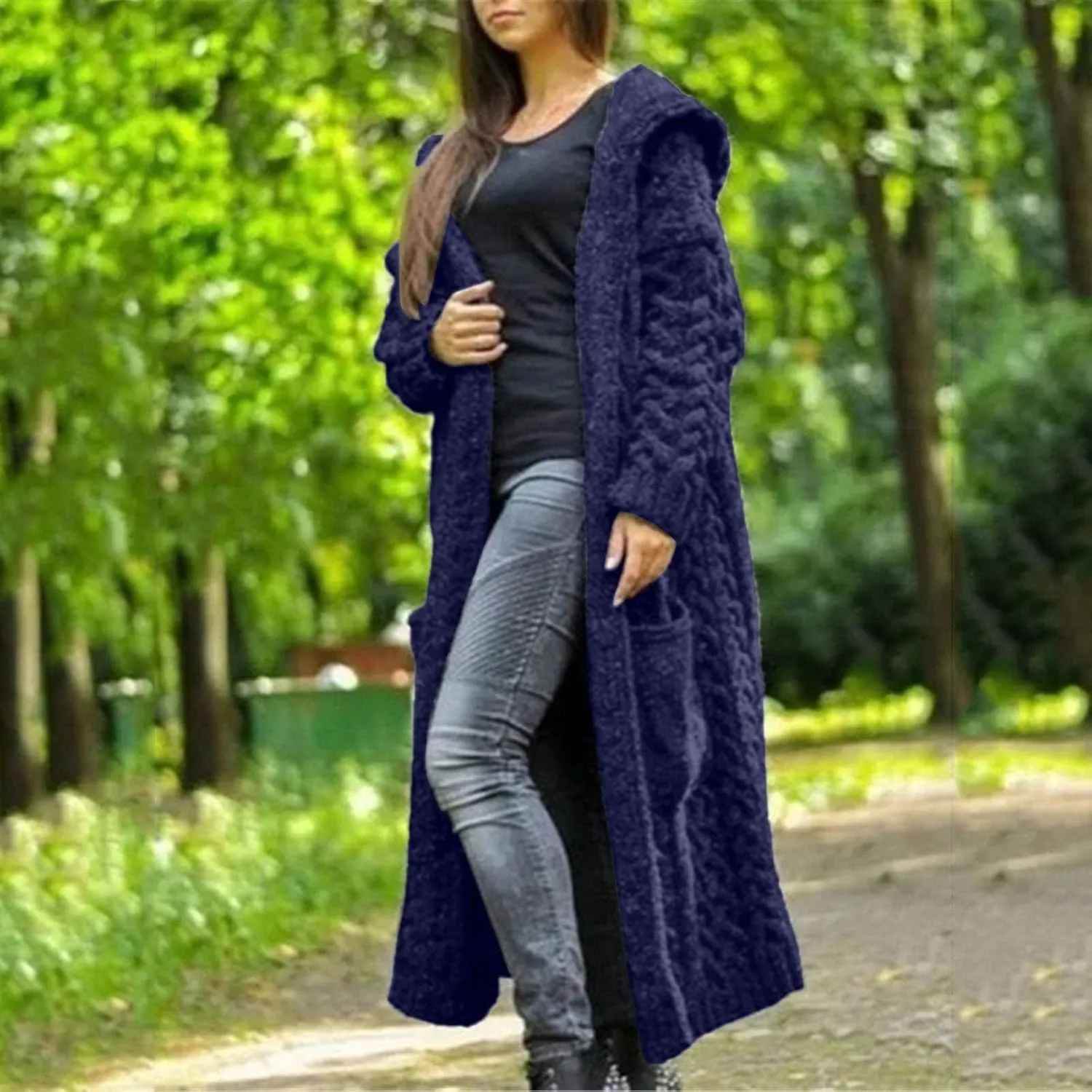 SACFOF Women's Long Sleeve Cable Knit Cardigan Sweaters 2023 Open Front Long Cardigans Coats Hoodies Outerwear with Pockets