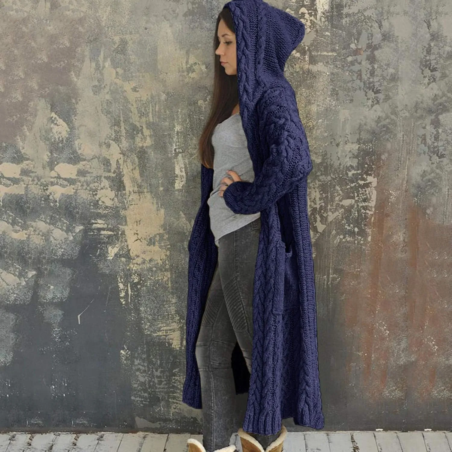 SACFOF Women's Long Sleeve Cable Knit Cardigan Sweaters 2023 Open Front Long Cardigans Coats Hoodies Outerwear with Pockets
