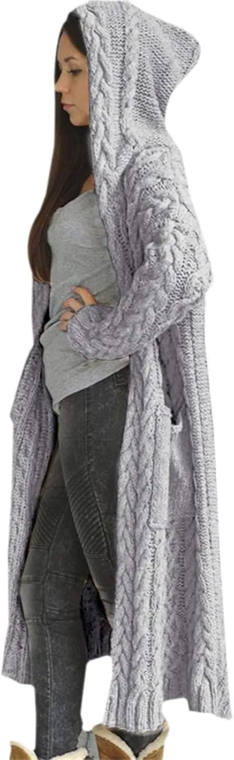 SACFOF Women's Long Sleeve Cable Knit Cardigan Sweaters 2023 Open Front Long Cardigans Coats Hoodies Outerwear with Pockets
