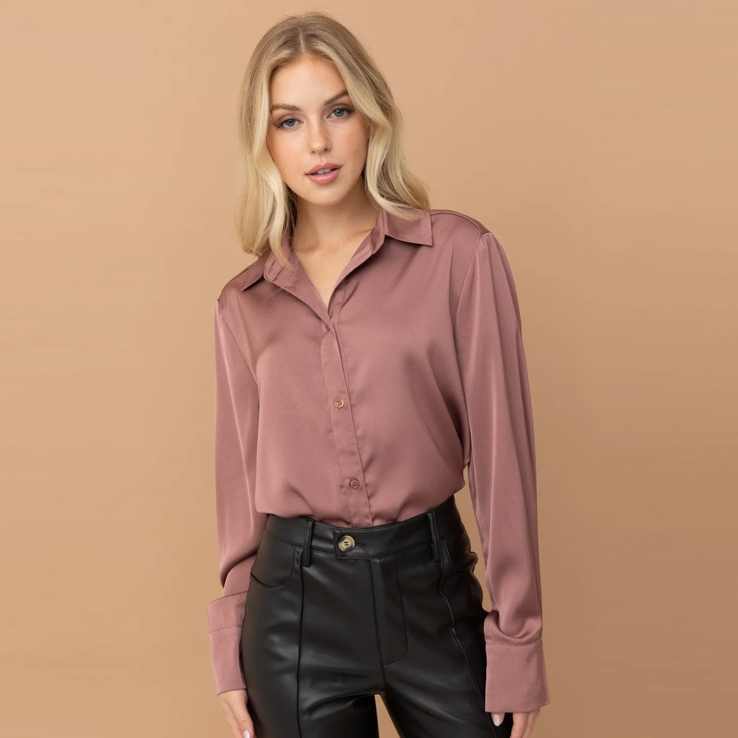 Satin Button Down Blouse (Mauve)