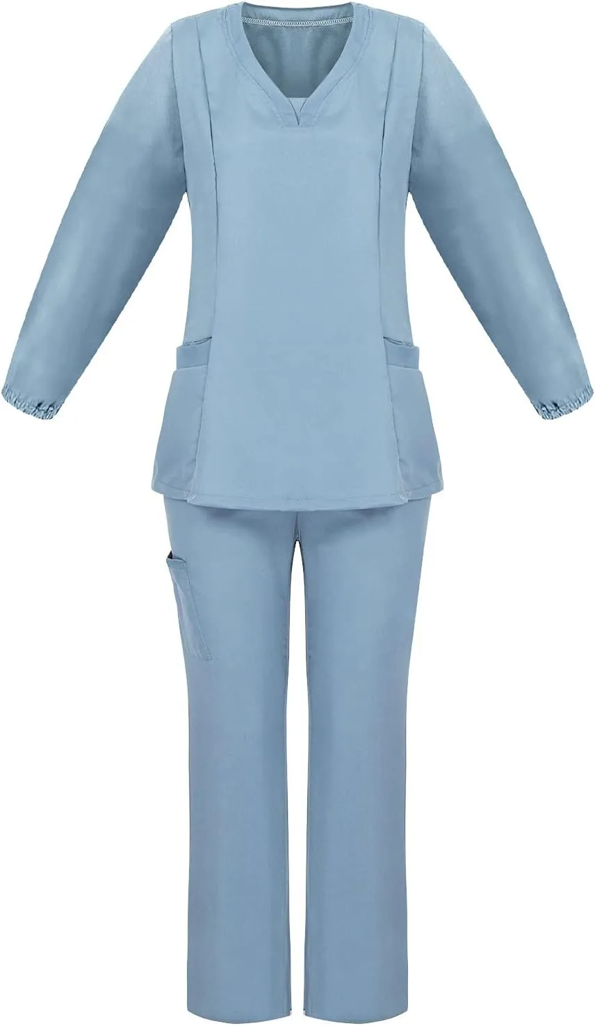 Scrubs for Women Set Summer Long Sleeve Nursing Uniform with Pocket Two Piece Stretch V Neck Holiday Tee Shirt Tunics