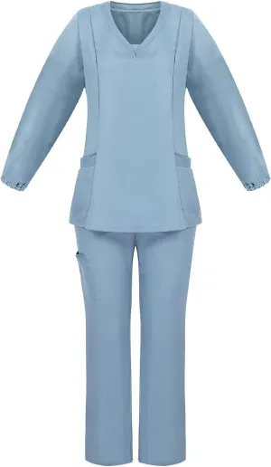 Scrubs for Women Set Summer Long Sleeve Nursing Uniform with Pocket Two Piece Stretch V Neck Holiday Tee Shirt Tunics