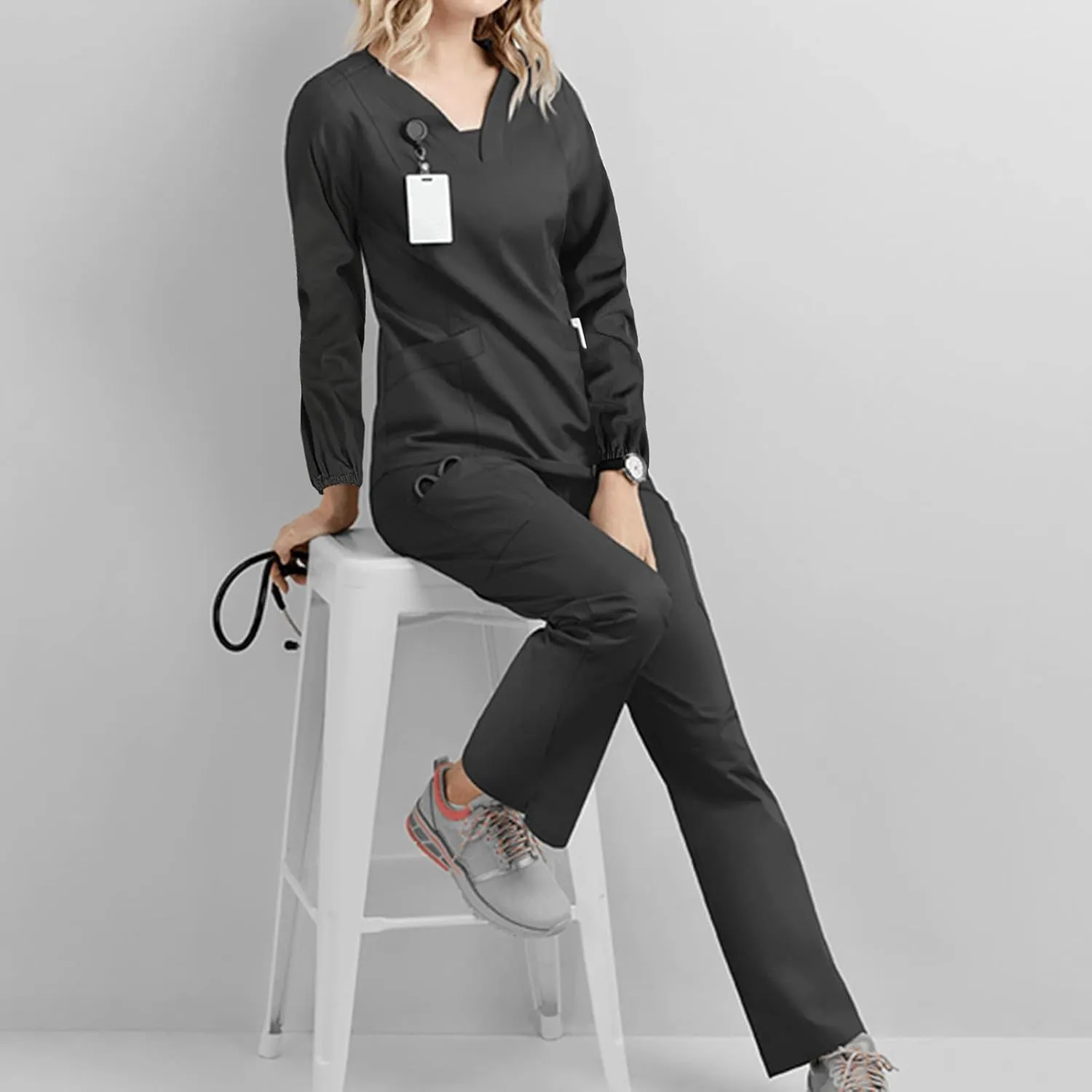 Scrubs for Women Set Summer Long Sleeve Nursing Uniform with Pocket Two Piece Stretch V Neck Holiday Tee Shirt Tunics