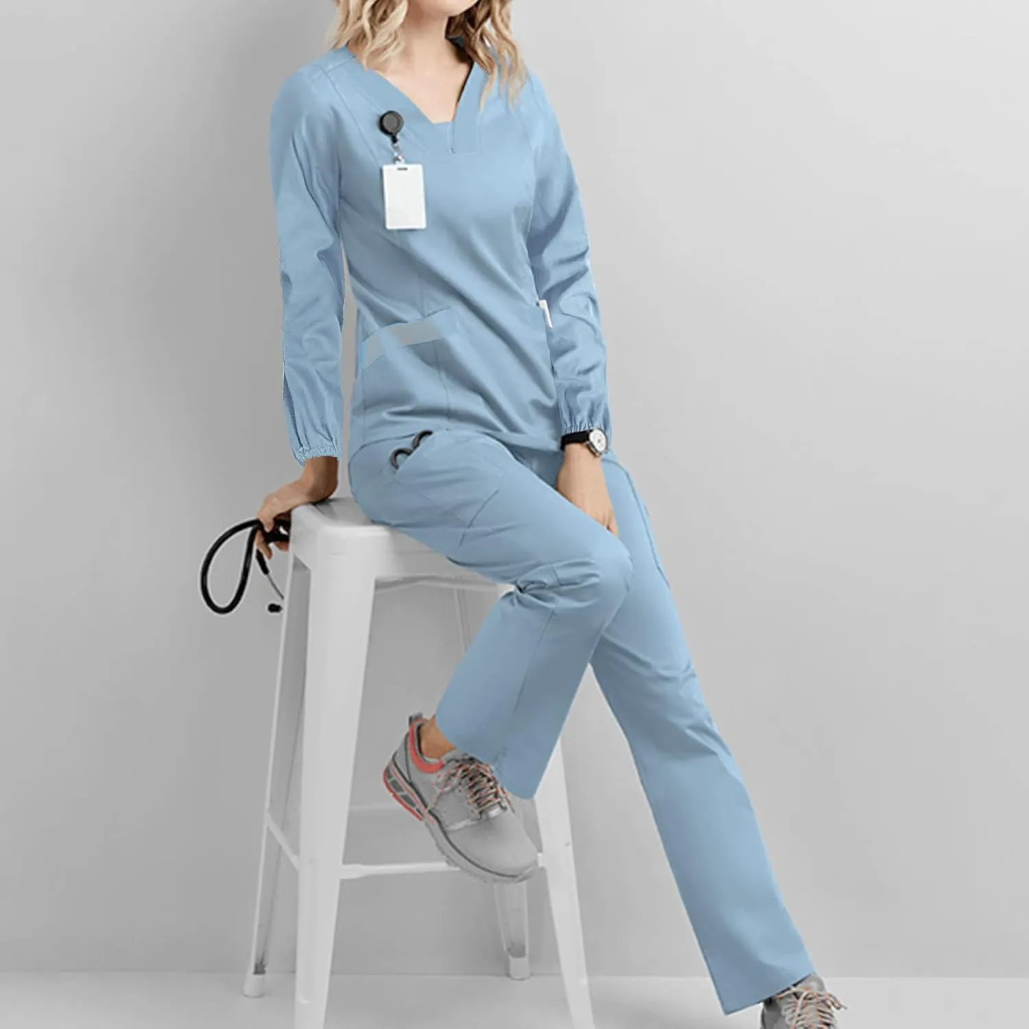 Scrubs for Women Set Summer Long Sleeve Nursing Uniform with Pocket Two Piece Stretch V Neck Holiday Tee Shirt Tunics