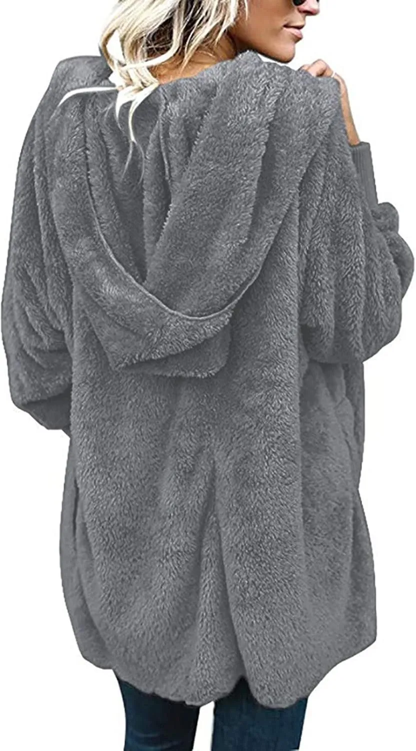 Sherpa Fleece Jacket Women Fuzzy Oversized Open Front Hooded Cardigan Soft Fluffy Sweaters Winter Coats with Pockets