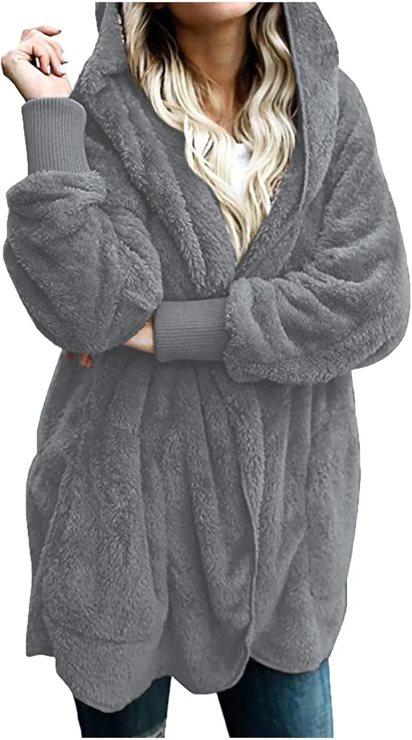 Sherpa Fleece Jacket Women Fuzzy Oversized Open Front Hooded Cardigan Soft Fluffy Sweaters Winter Coats with Pockets