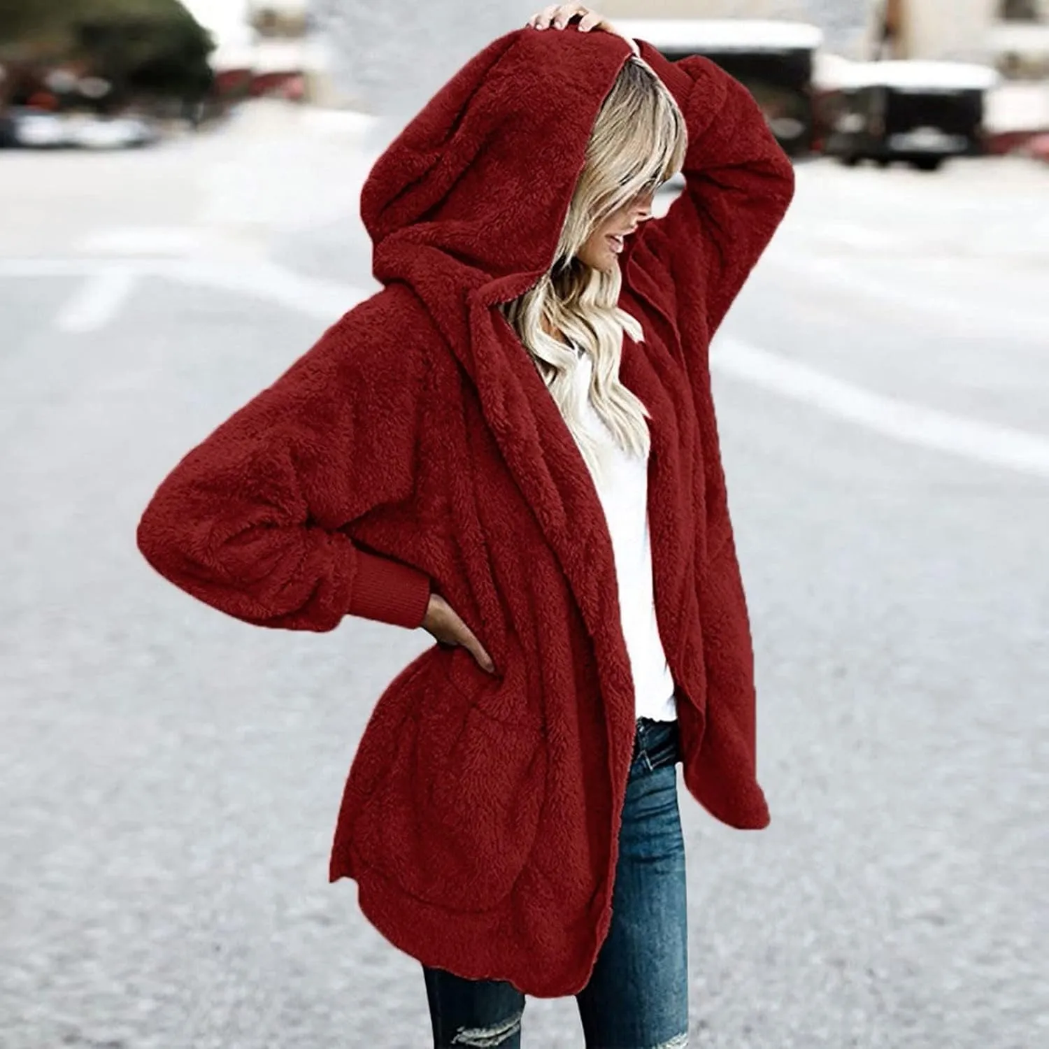 Sherpa Jacket Women Fuzzy Fleece Oversized Open Front Hooded Cardigan Soft Fluffy Sweaters Winter Coats with Pockets