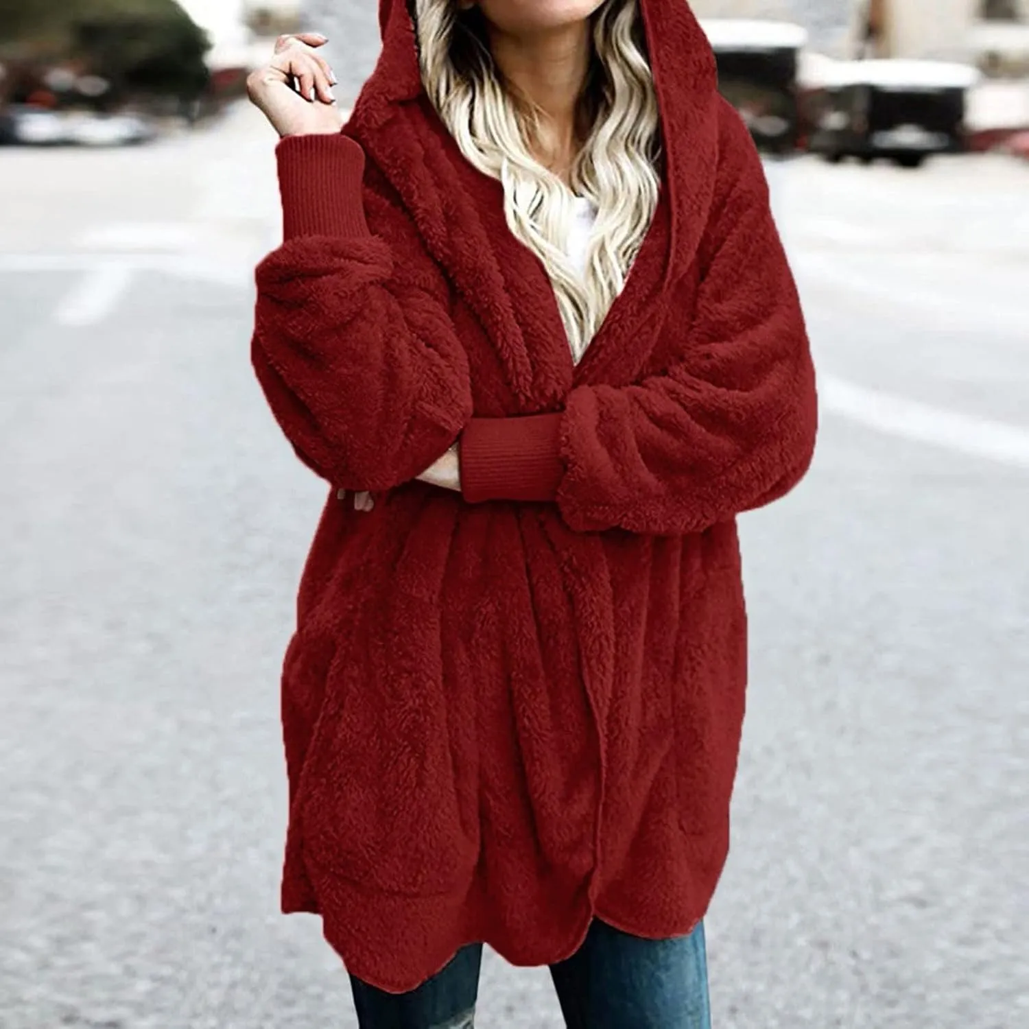 Sherpa Jacket Women Fuzzy Fleece Oversized Open Front Hooded Cardigan Soft Fluffy Sweaters Winter Coats with Pockets