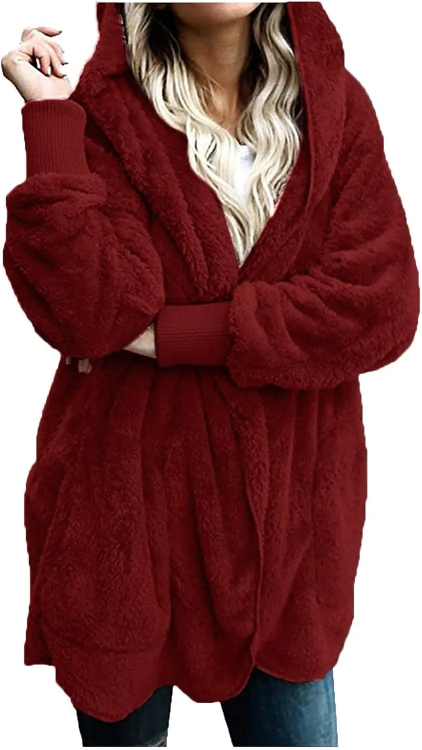 Sherpa Jacket Women Fuzzy Fleece Oversized Open Front Hooded Cardigan Soft Fluffy Sweaters Winter Coats with Pockets
