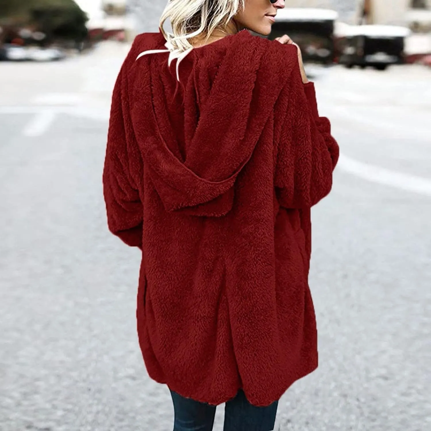 Sherpa Jacket Women Fuzzy Fleece Oversized Open Front Hooded Cardigan Soft Fluffy Sweaters Winter Coats with Pockets