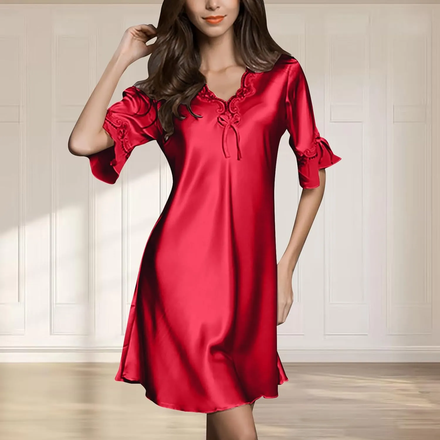 Silk Pajamas for Women Ruffle Half Sleeve Vneck Nightdress Mini Dress 2024 Sexy Satin Sleepwear Nightshirt Sleepdress