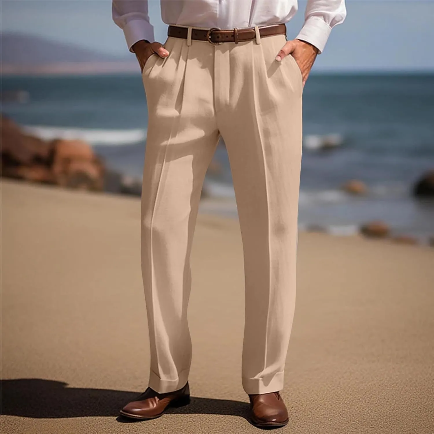 Slim Fit Linen Pants for Men Business Casual Trousers Stretch Comfortable Summer Office Travel Dress Pants