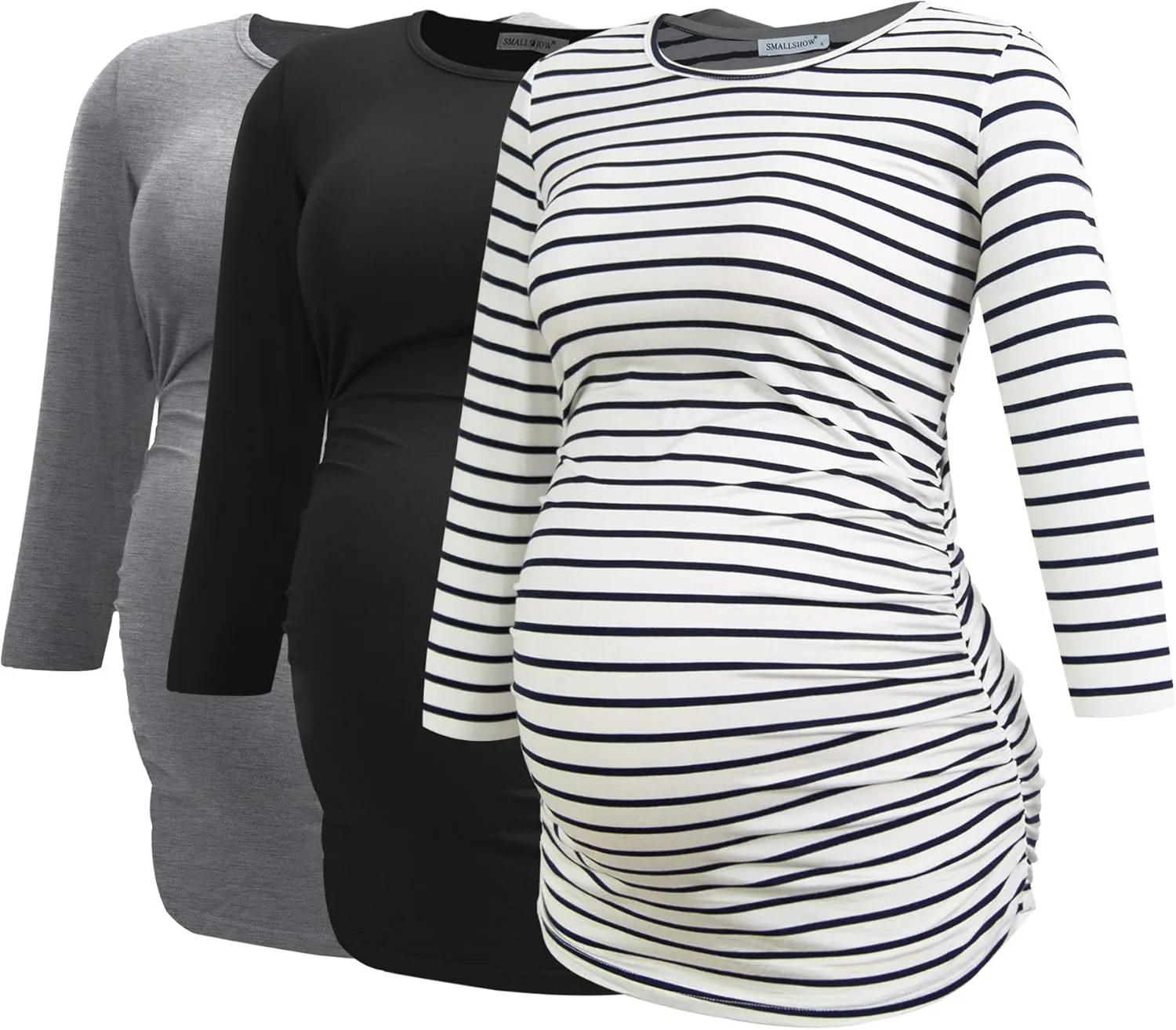 Smallshow Women's Maternity Tops 3/4 Sleeve Tunic Pregnancy Clothes Shirt 3-Pack