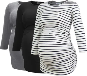 Smallshow Women's Maternity Tops 3/4 Sleeve Tunic Pregnancy Clothes Shirt 3-Pack