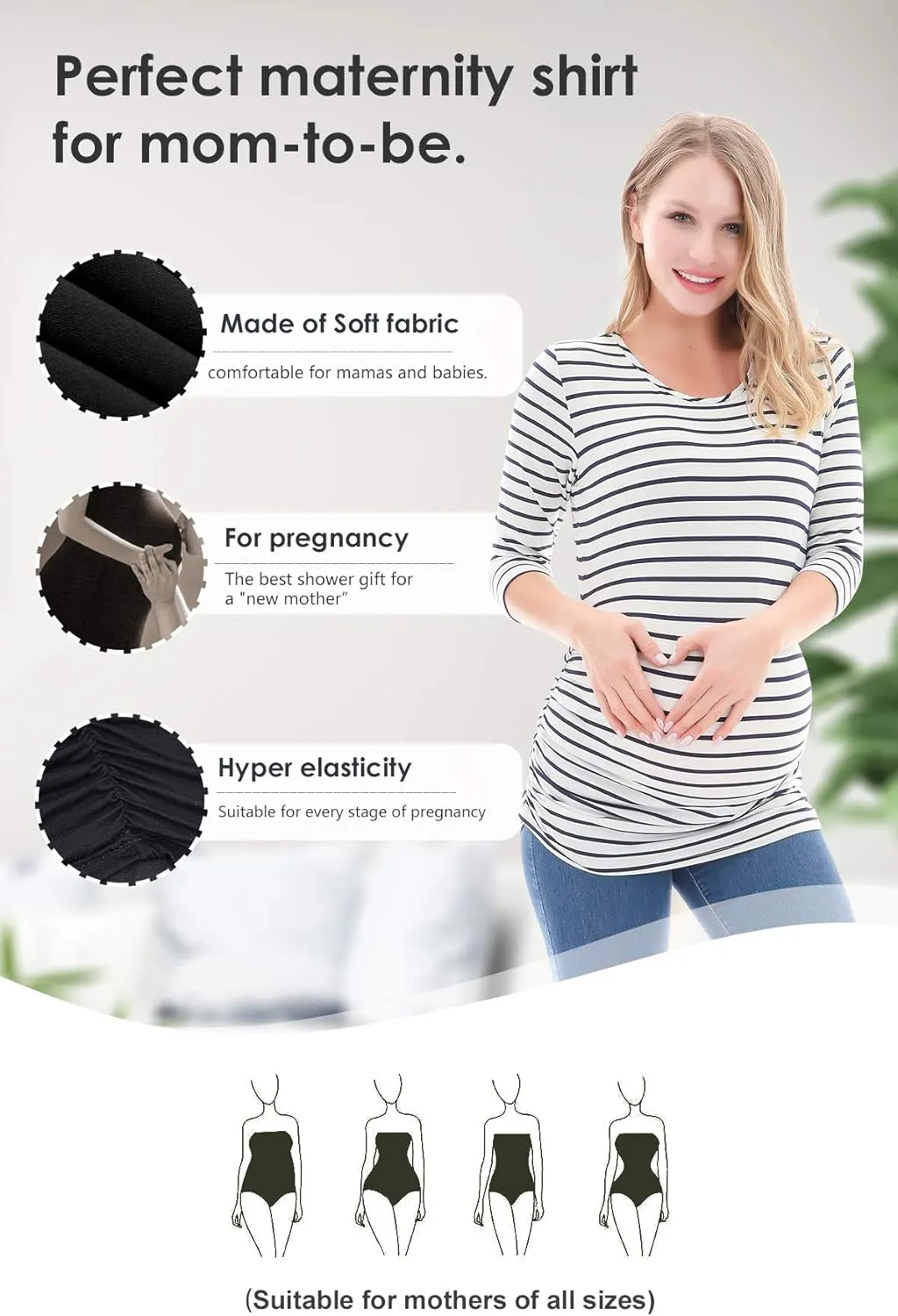 Smallshow Women's Maternity Tops 3/4 Sleeve Tunic Pregnancy Clothes Shirt 3-Pack
