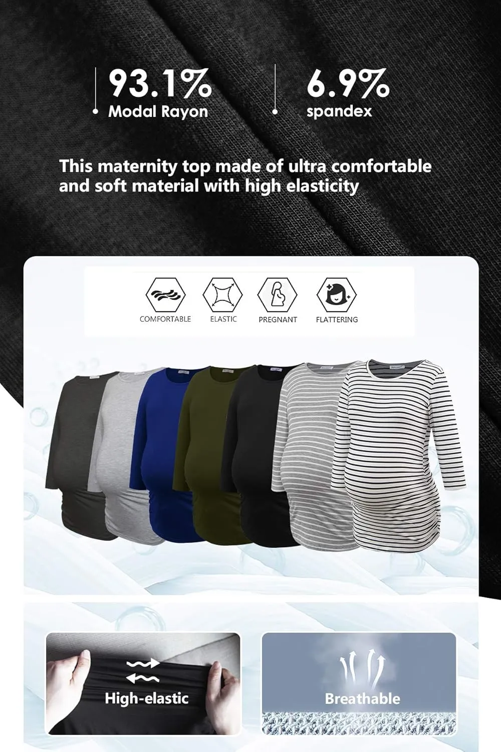 Smallshow Women's Maternity Tops 3/4 Sleeve Tunic Pregnancy Clothes Shirt 3-Pack