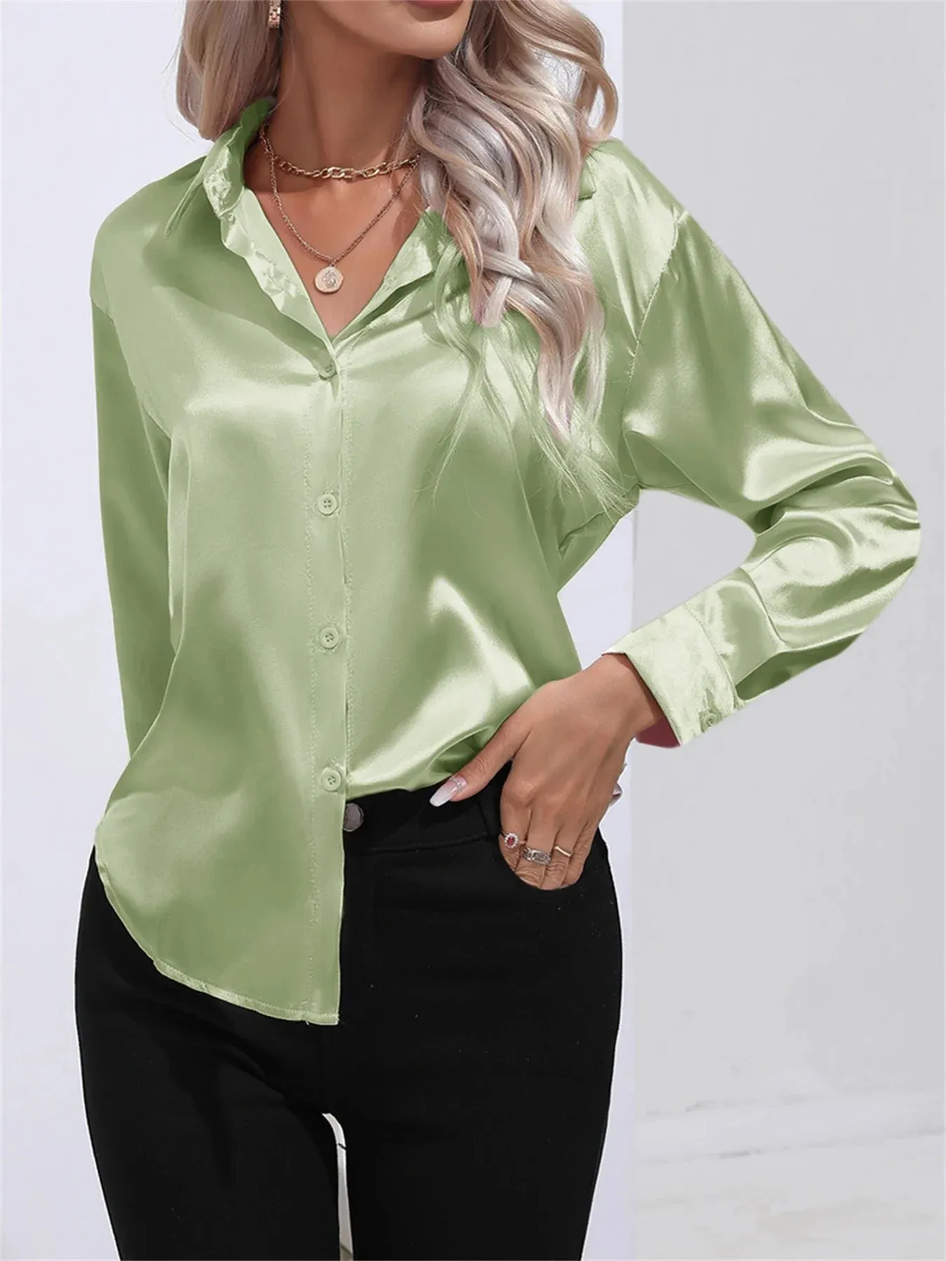 Smoothly Down Sleeve Long Collar Solid Button Front Casual Turn Blouse