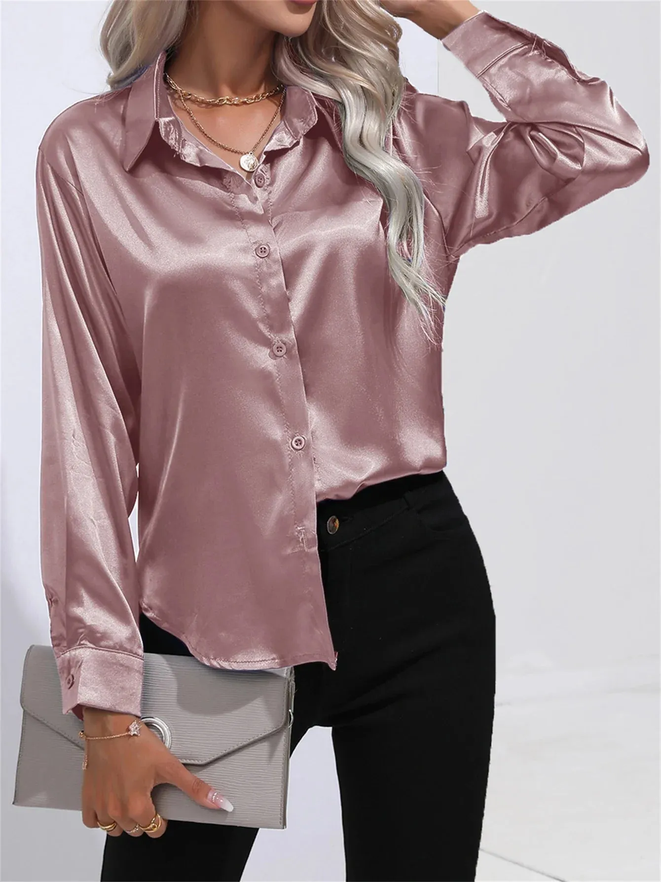 Smoothly Down Sleeve Long Collar Solid Button Front Casual Turn Blouse